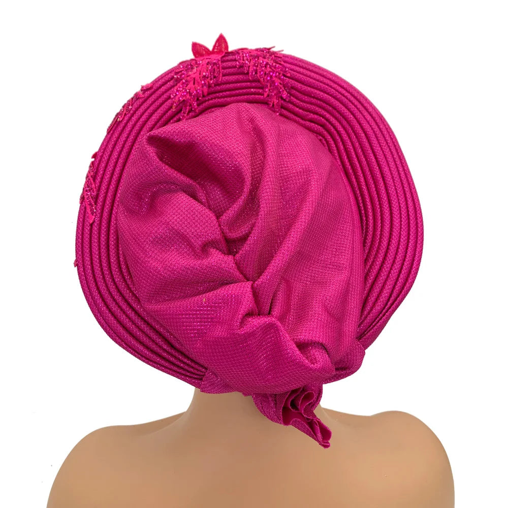 Elegant African Autogele Women's Turban Cap Nigeria Wedding Gele Ready to Wear Headtie with Embroidery Lace Party Headwear