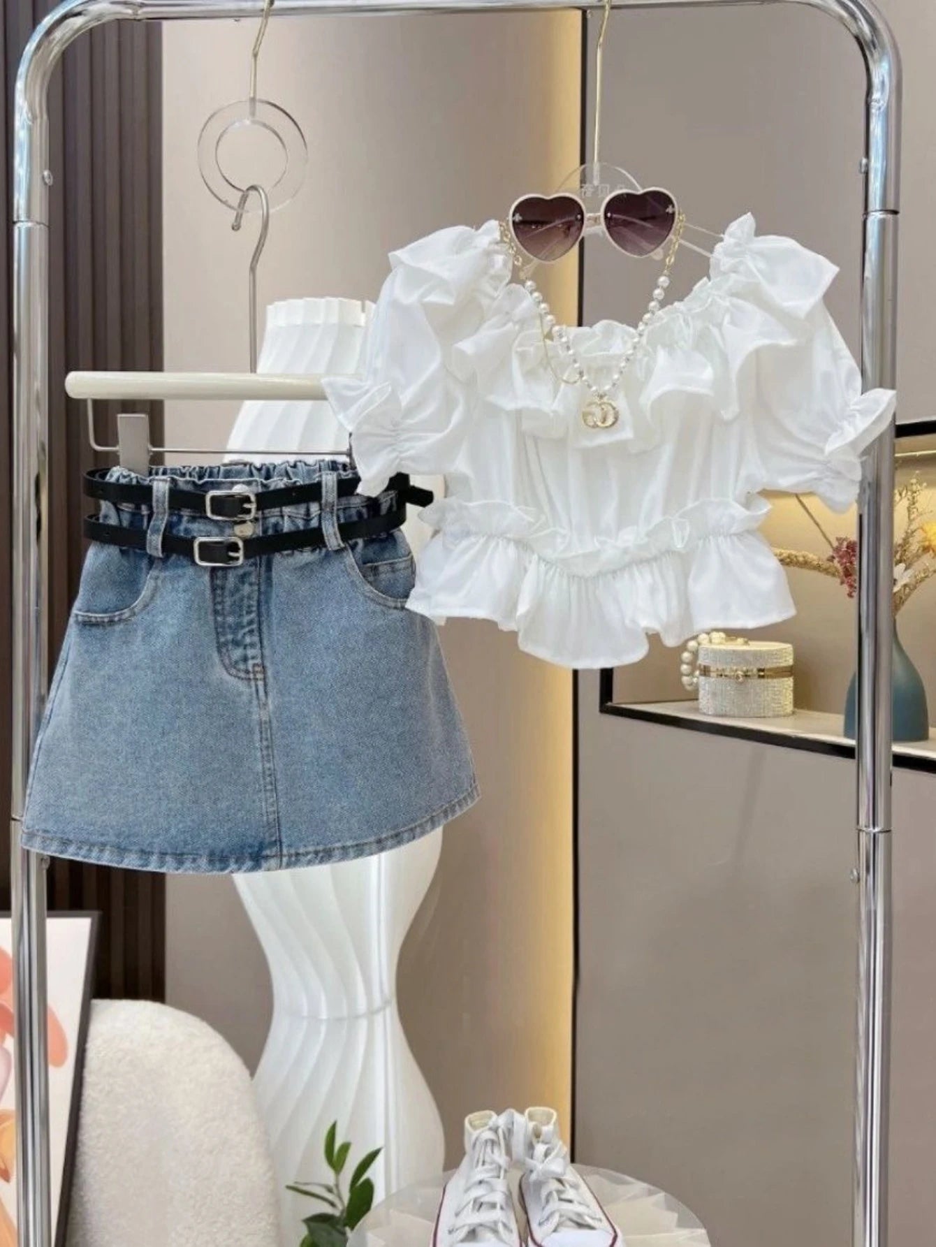 Girls Fashion Set – Ruffle Sleeve Top & High-Waisted Denim Skirt, Includes Belt, Cute Summer Outfit for Kids