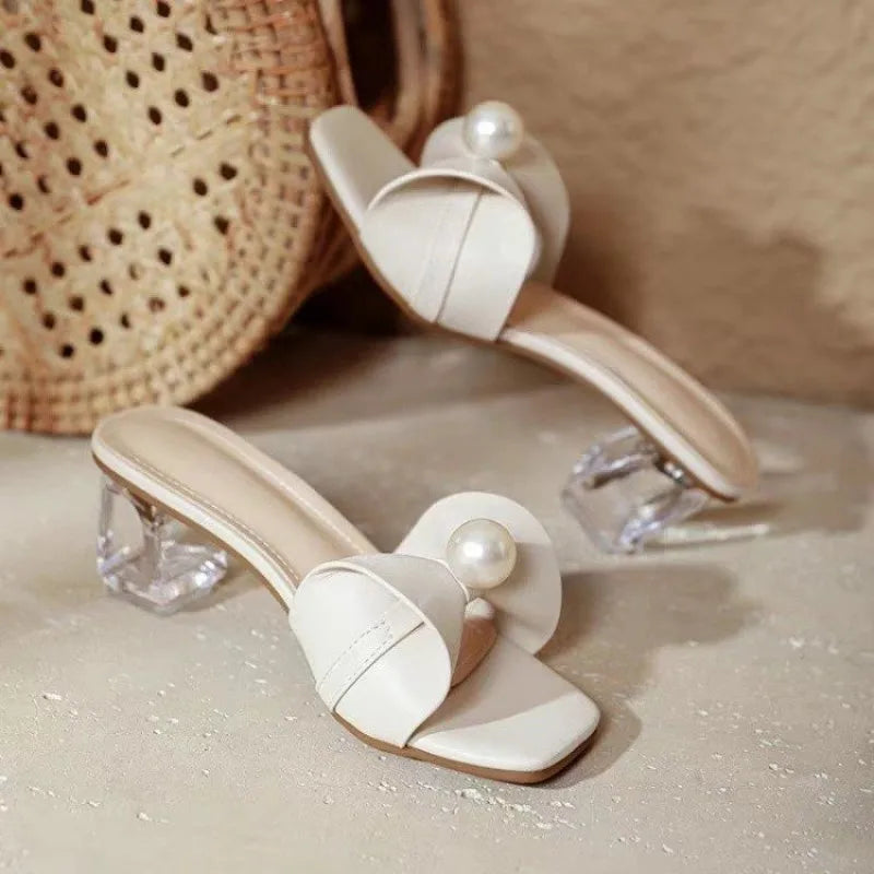 2026 Summer New High Heel Slippers Women Charm Pearl Coarse Heel French Cool Slippers Shoes Women
