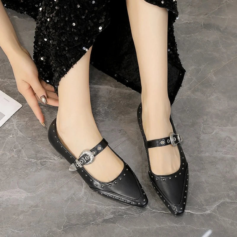 Women's Dance Shoes, Lightweight Punk Rivet Mary Jane Flats, Metallic Pointed Toe Casual Shoes for Festival,Party and Streetwear