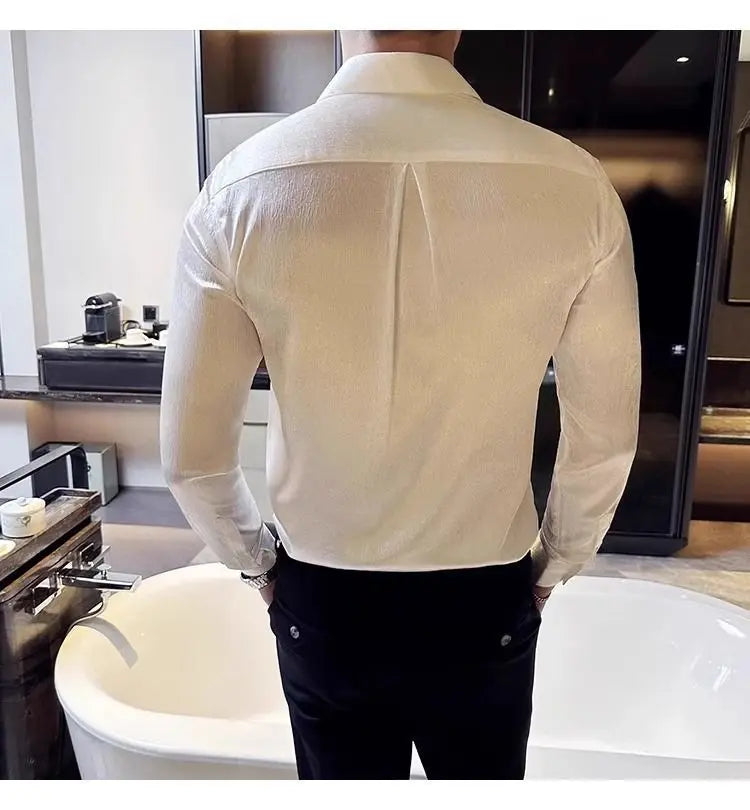Men's Shiny Long-Sleeve Button-Down Shirt with Slim Fit
