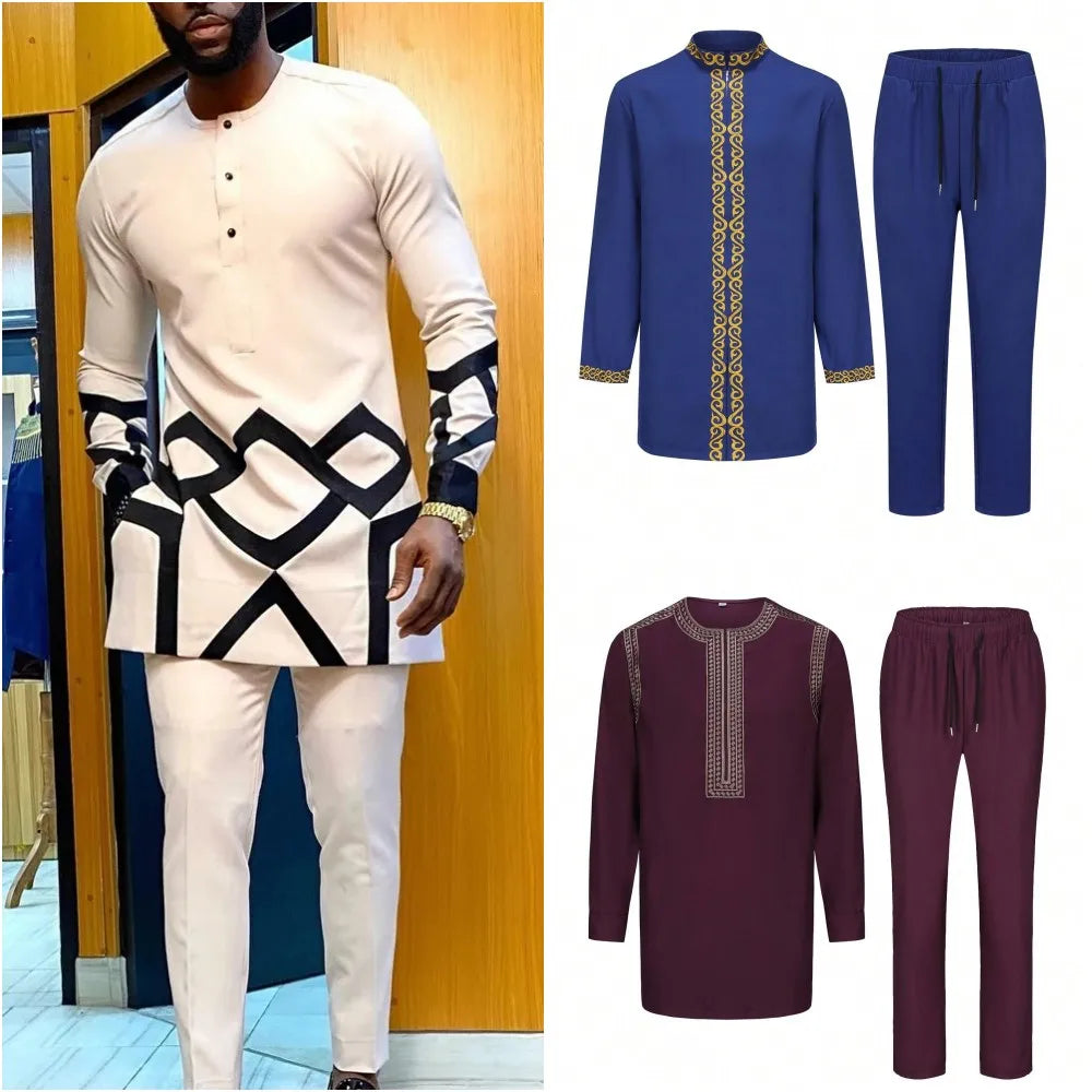 African Traditional Men Suit Printed Shirt Top Elastic Waist Pants White Wedding 2 Piece Set Outfits Ethnic Style Costumes