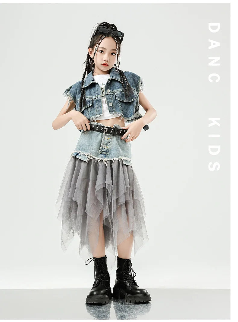 Girls Hip Hop Clothing Denim Sleeveless Jacket Vest Top Street Patchwork Mesh Skirt for Kids Jazz Dance Costume Clothes