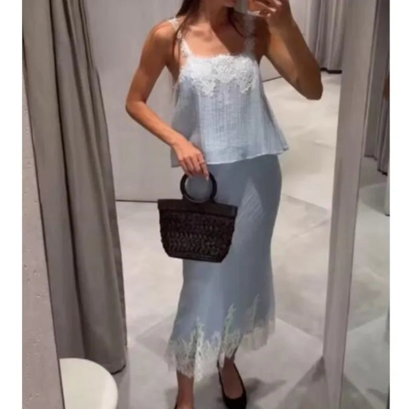 Women's Skirt Set 2026 Spring Elegant Lace Thin Straps Tops Hihg Waist Elastic Waist Midi Skirts Fashion Sexy Female 2 Piece Set