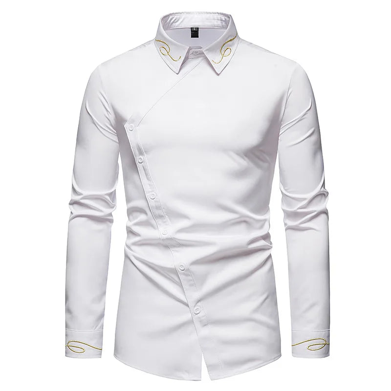 Men's Irregular Oblique Button Up Dress Shirts Streetwear Luxury Elegant Embroidery Business Shirt Chemise Homme Mens Blouses