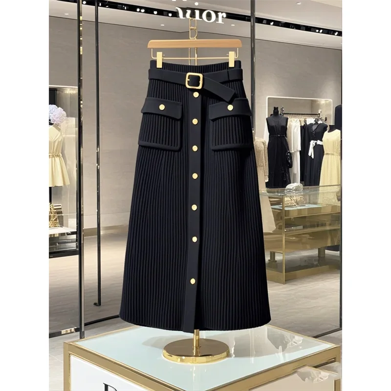 Elegant Office Lady High Waist Wrapped Knitted Skirts Autumn New Fashion Single Breasted Slim Temperam Wool Midi Skirt