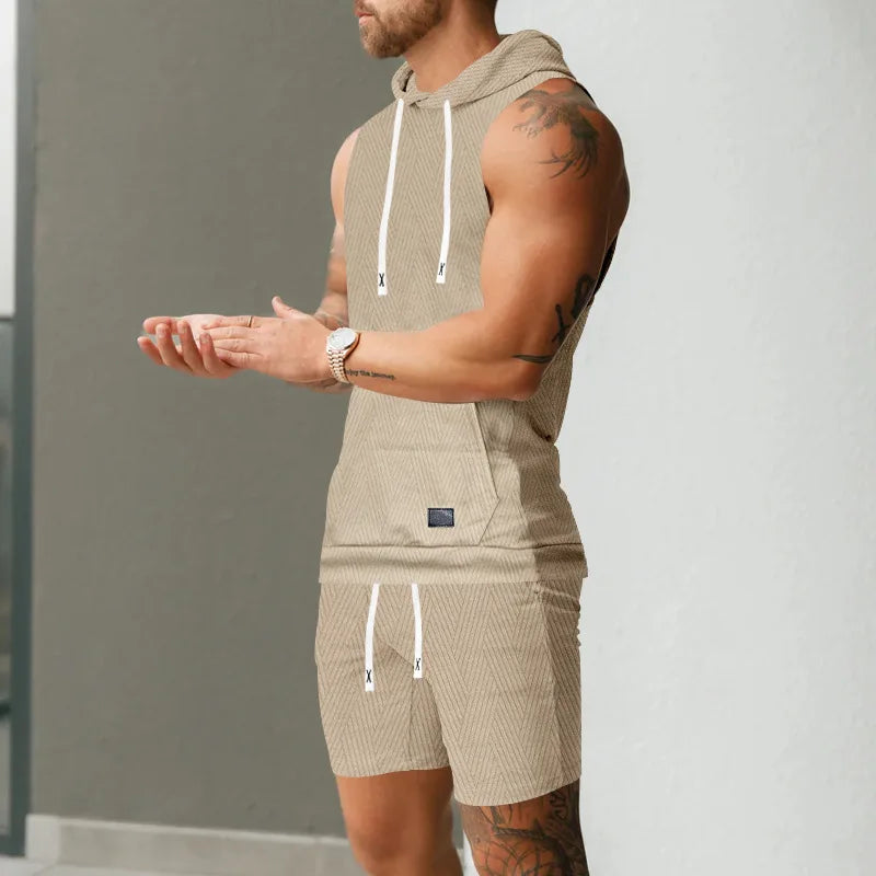 2026 Men's Casual 2 Piece Set Fashion Jacquard Knitted T-shirt Hooded Sleeveless Vest Elastic Waist Shorts Jogging Fitness Suit