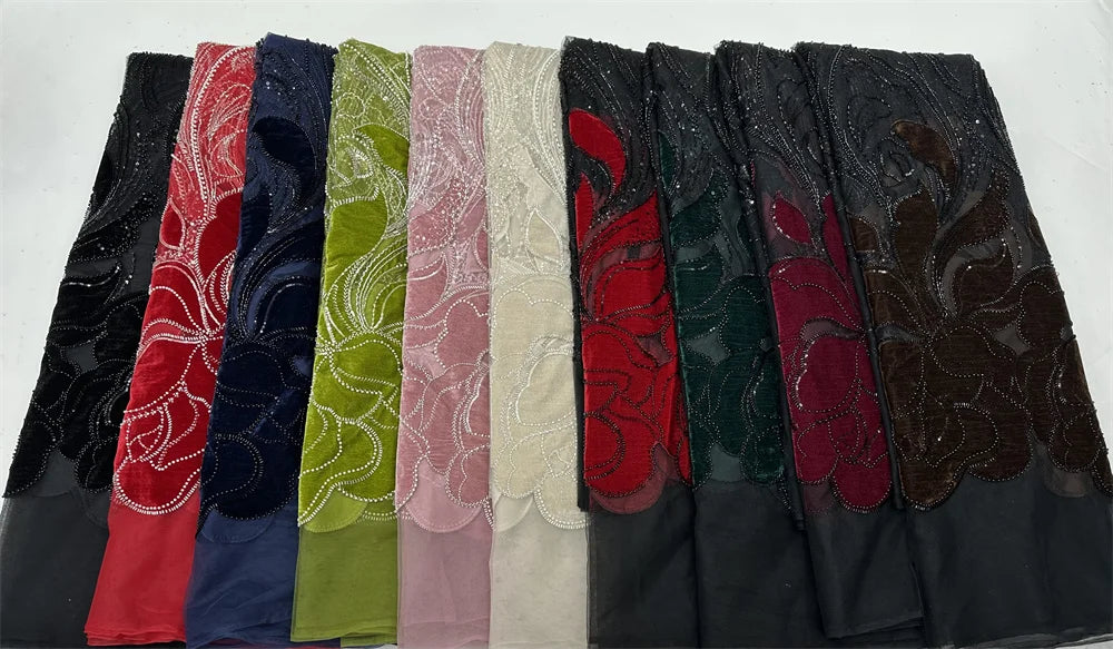 African Nigeria 2025 High-Quality Velvet Beaded Sequins French Tulle Lace Fabric Dress Nigerian 5 Yards For Wedding Party Women