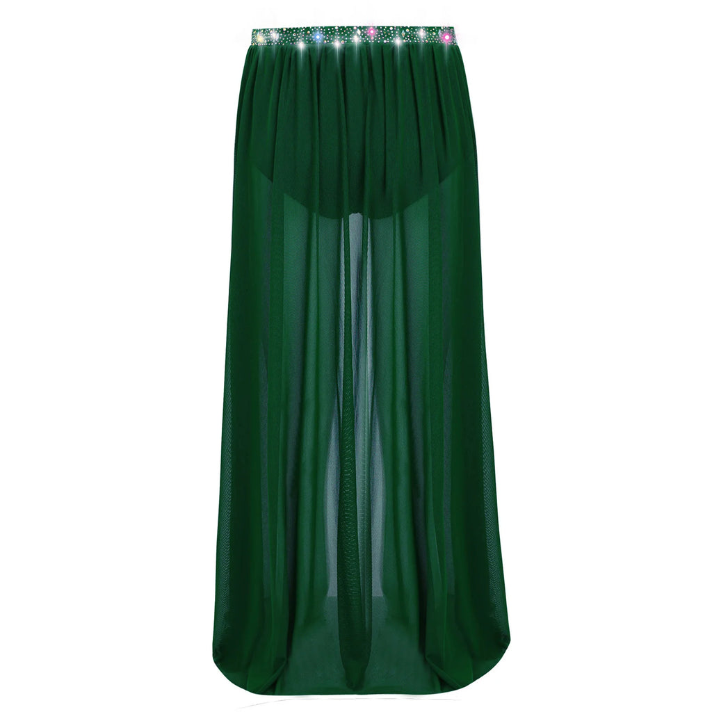 Kids Girls Lyrical Modern Dance Skirt Shiny Rhinestones Open Front Flowy Sheer Mesh Skirt with Built-in Briefs Ballet Dresses