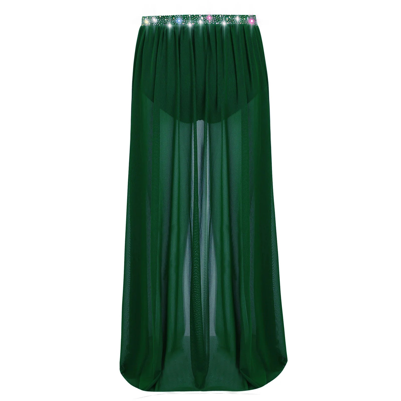 Kids Girls Lyrical Modern Dance Skirt Shiny Rhinestones Open Front Flowy Sheer Mesh Skirt with Built-in Briefs Ballet Dresses