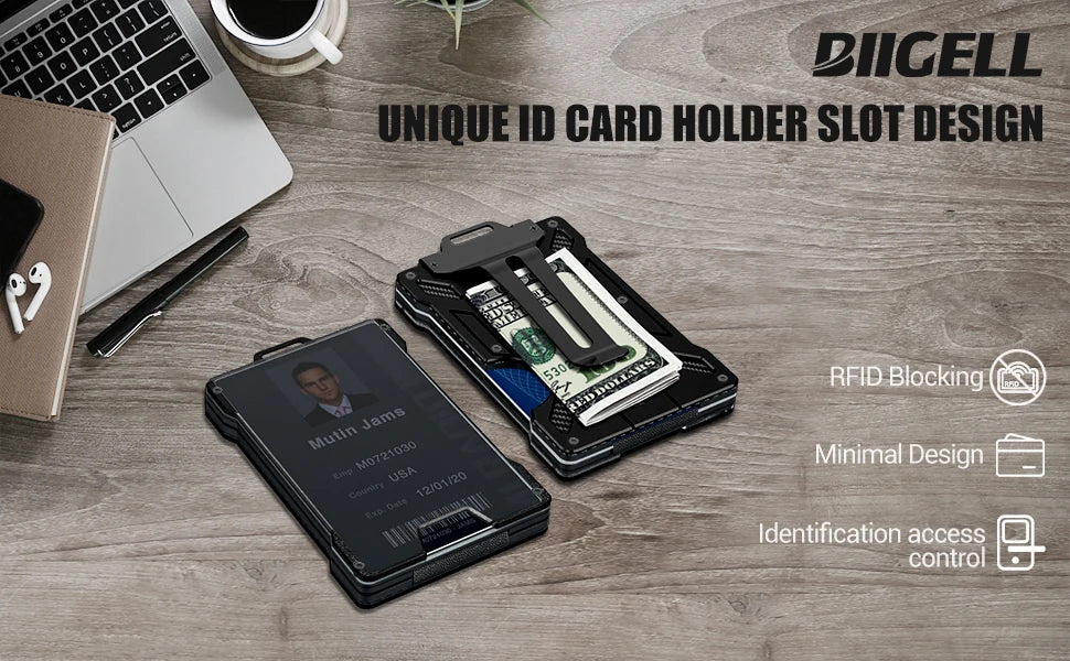 Men's Slim Aluminum RFID Wallet - 15 Card Capacity with Metal Money Clip + Clear ID Window, Anti-Theft Minimalist Design