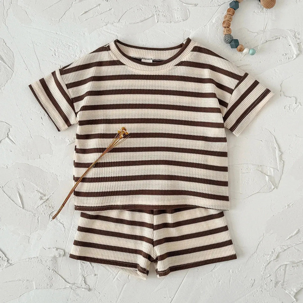 Summer Baby Clothes  Beige Color Boys Striped  T-shirt Shorts Set Breathable Girls Vest Short Sleeved Shorts Set 0-3Years
