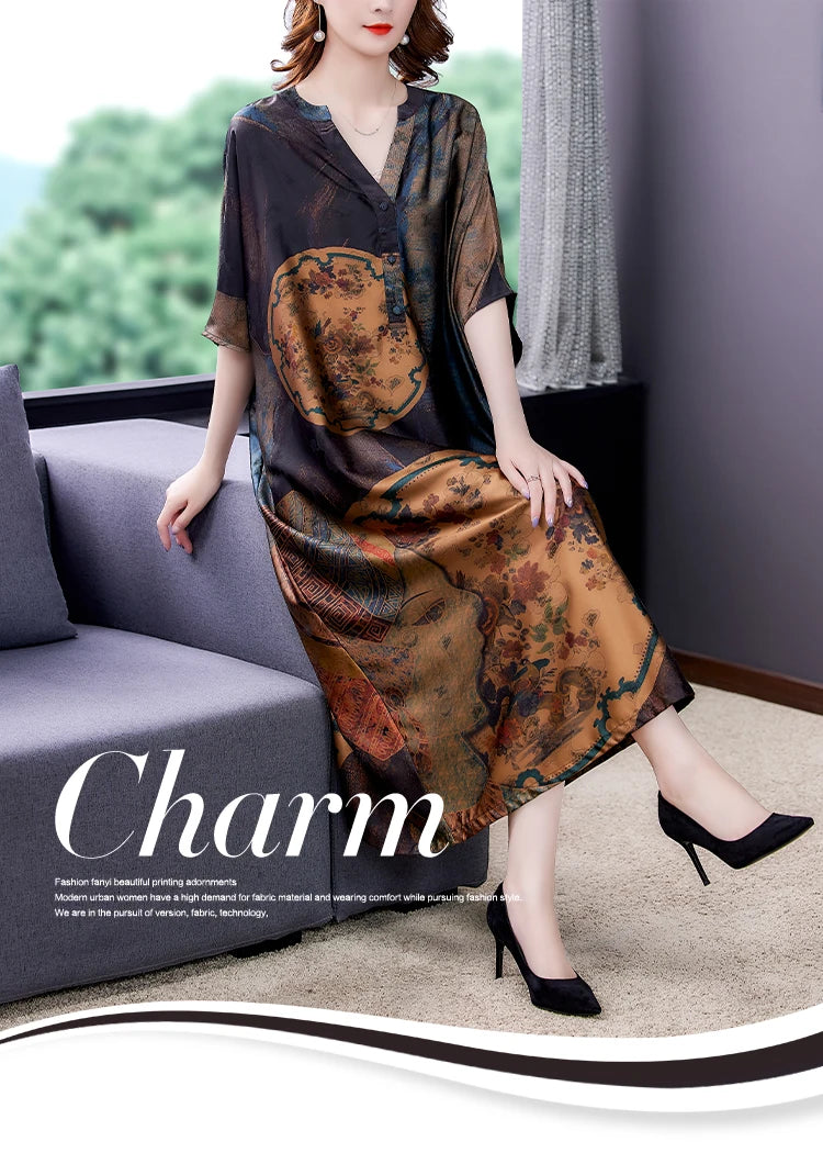 Mulberry Silk Dresses Women's New Summer Long Dress Female Fashion Loose V- Neck High-End Print Pullover Dresses