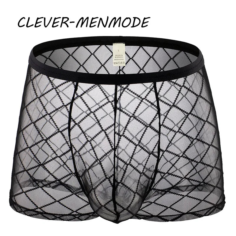 Men's Sexy Transparent Lace Panties Fishnet Sheer Boxer Shorts Breathable Low Rise Lingerie Exotic Costume Mesh Outfit