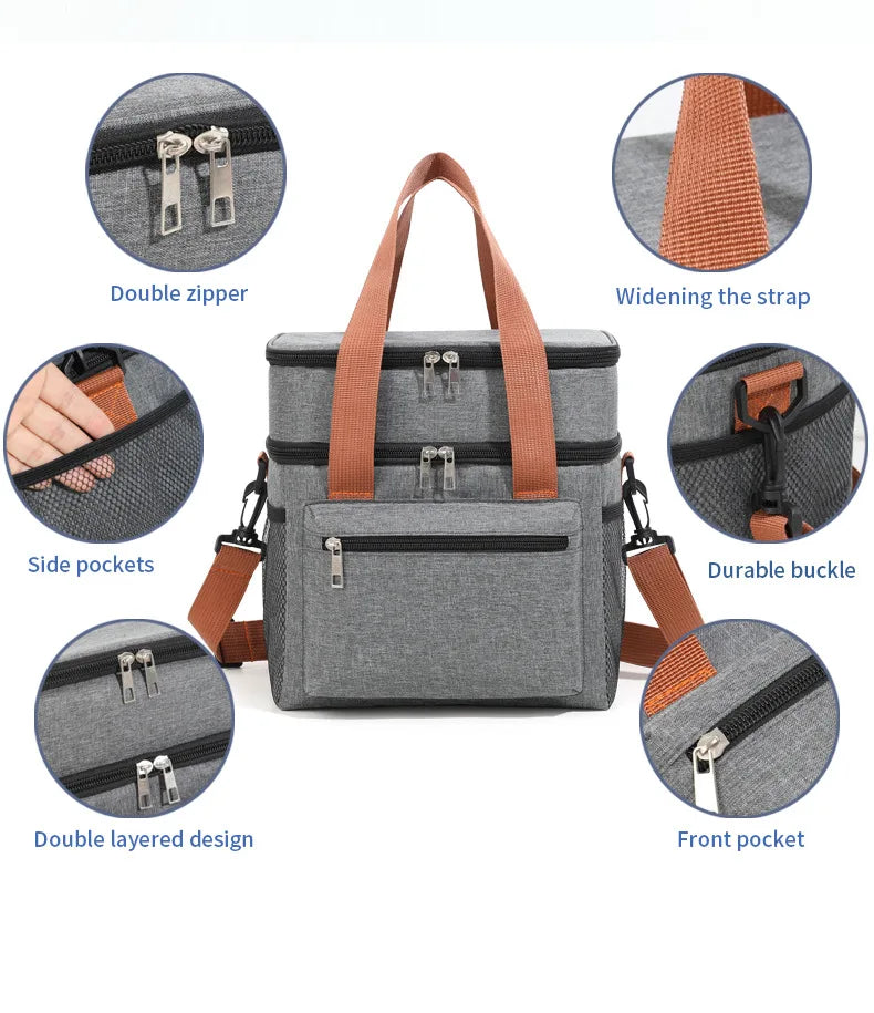 Thermal Lunch Bag Double Layers Large Capacity Lunch Boxes Bags Portable Crossbody Picnic Food Drink Storage Bag Cooler Tote New