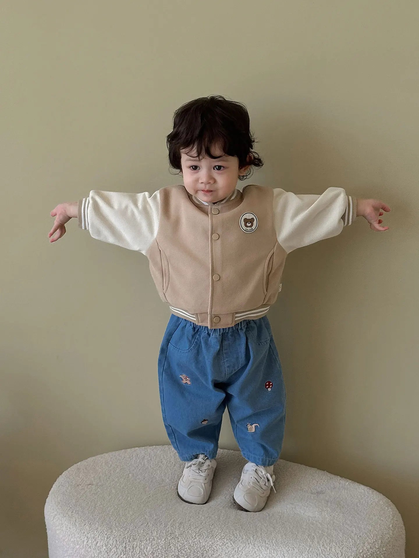 2026 Fall New Toddler Kids Pants Cotton Cartoon Embroidered Harem Pants Baby Boy Casual Striped Denim Baggy Trousers