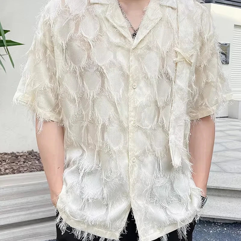 Mature Style Fringed Fringed Design Half-sleeved Shirt for Men's Niche Loose Summer Short-sleeved