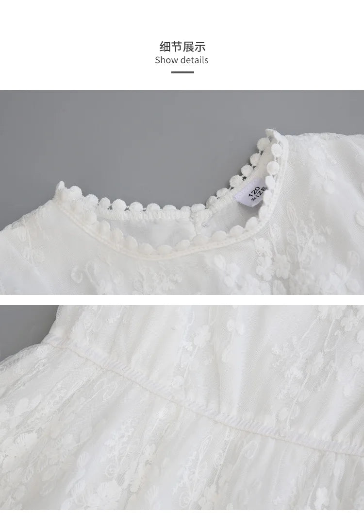 2026 summer Teenager kids Girls clothes floral mesh Princess white Dress lace off shoulder sleeveless 5 6 7 8 9 10 11 12 Years