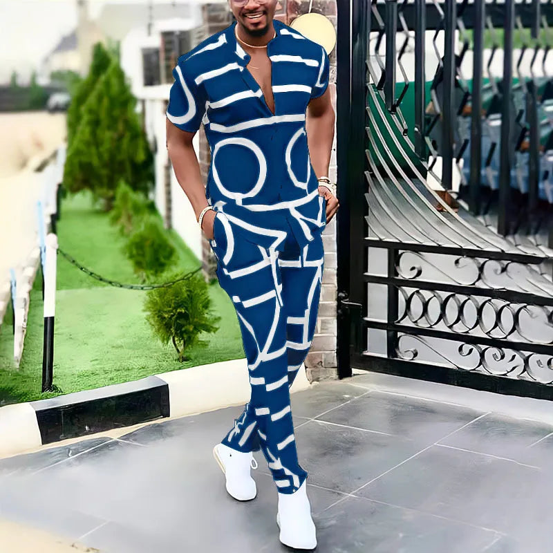 Summer New Men's Fashion Trend Print Shirt Casual Suit V-neck Short-sleeved Trousers Male Streetwear High-quality Two-piece Sets