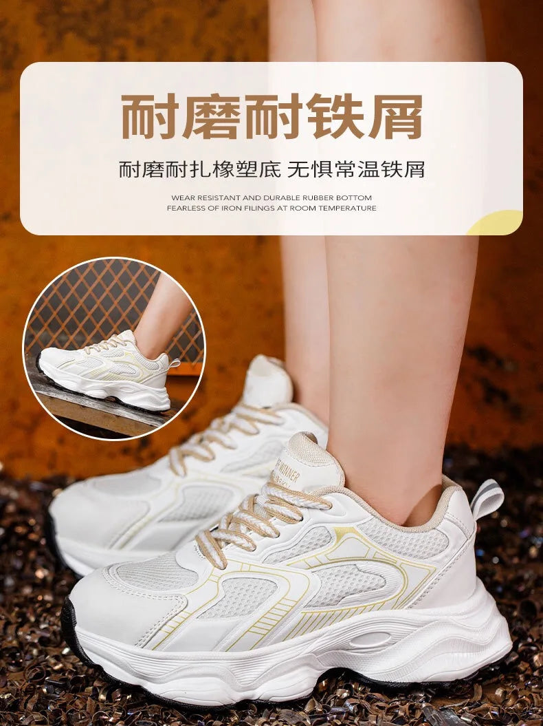 Women's safety shoes with steel toe caps, anti smashing and anti puncture rotating buttons, no tie up, hot selling shoes