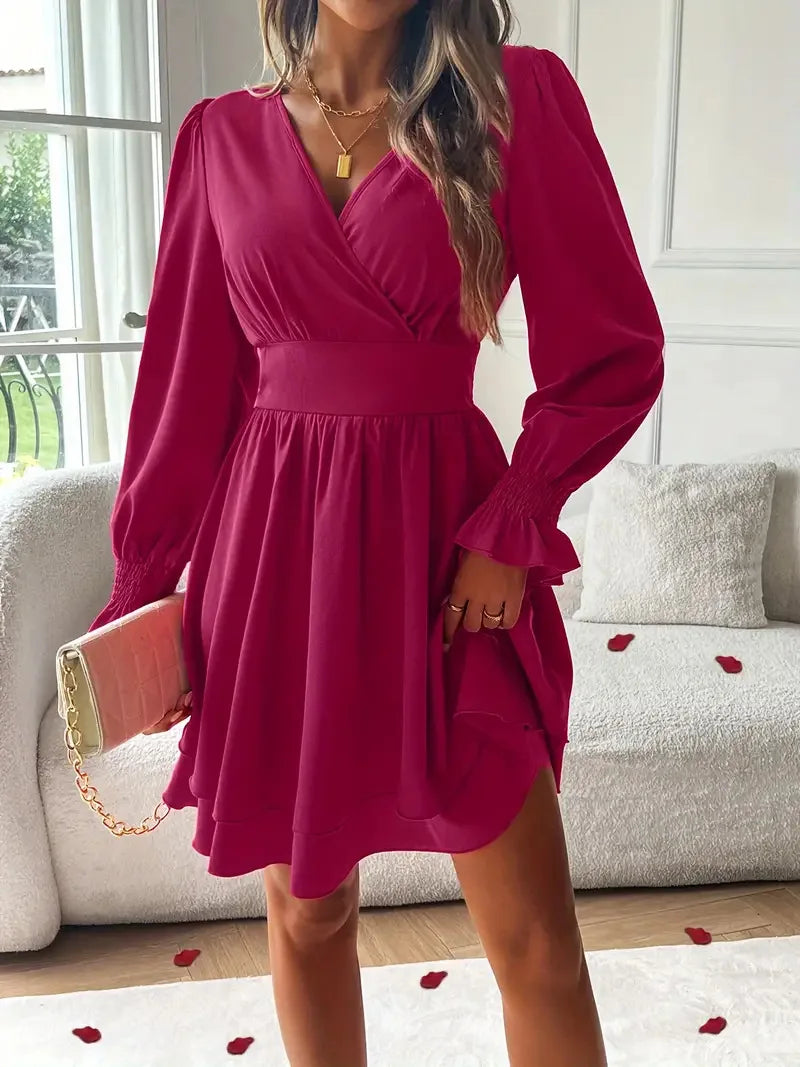 Summer New Dresses 2026 Woman Clothing V-Neck Lantern Sleeve Wrap Mini Dress Ruched Waisted Dress Elegant for Spring Party Dress