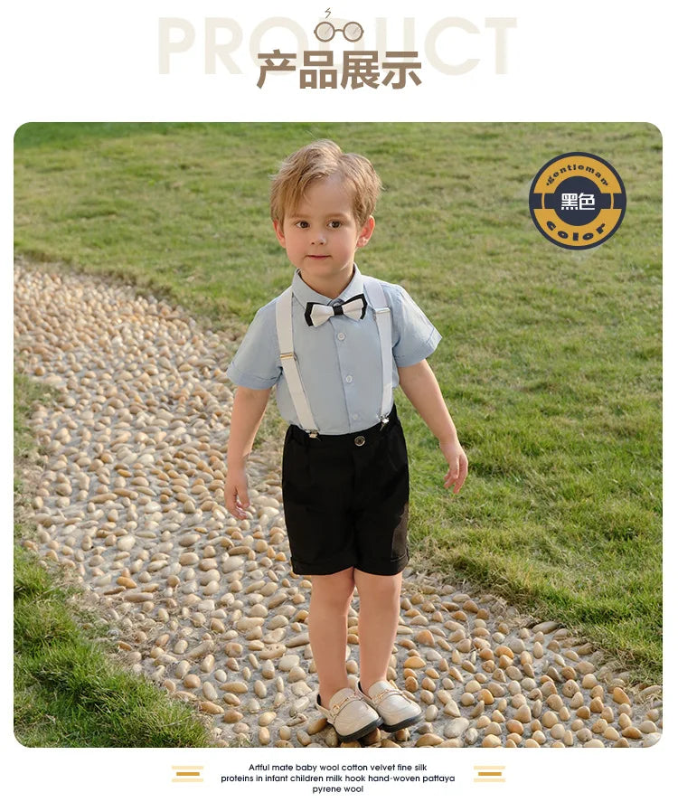Kid Formal Strap Shirt Shorts Bowtie Clothing Set Gentleman Baby Toddler Tracksuit Elegant Boys Outfit Suit For Wedding Children