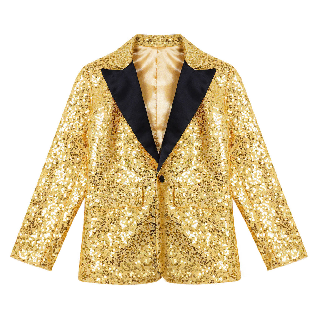 Kids Boys Fashion Shiny Sequins Lapel Suit One Button Jacket Coat Blazer Tuxedo for Wedding Birthday Party Stage Performance