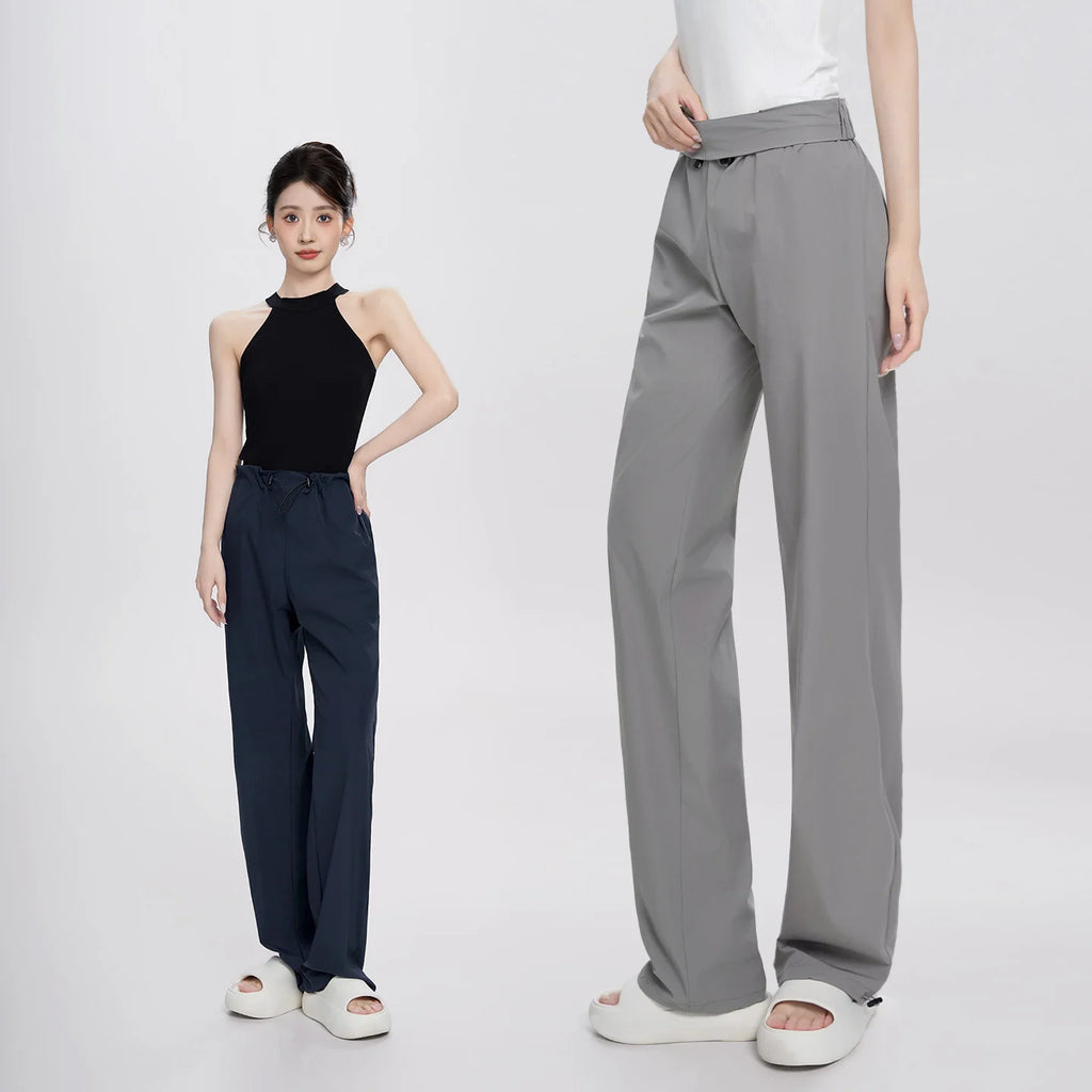 Women Adjustable High Waist Nylon Perspiration Casual Trousers with Pockets Female Athletic Dance Straight-leg Tracksuit Pants