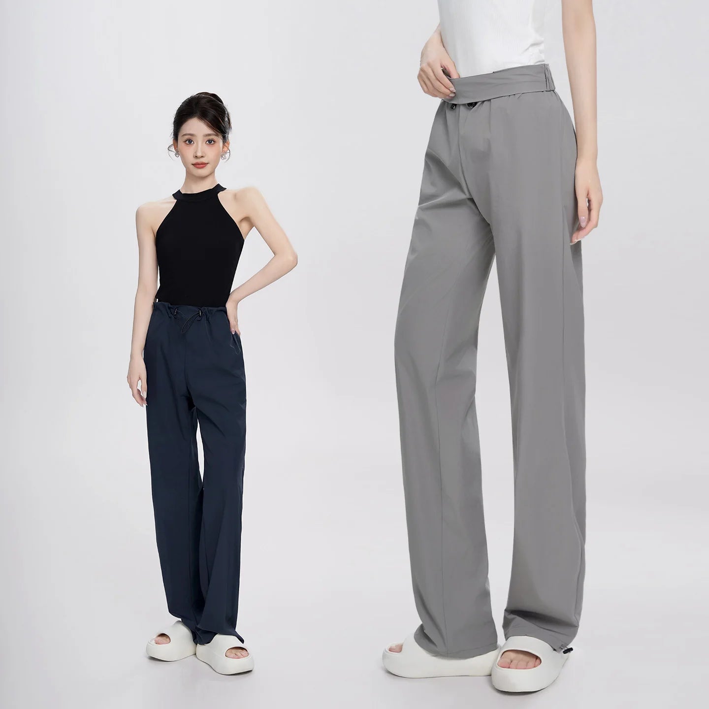 Women Adjustable High Waist Nylon Perspiration Casual Trousers with Pockets Female Athletic Dance Straight-leg Tracksuit Pants