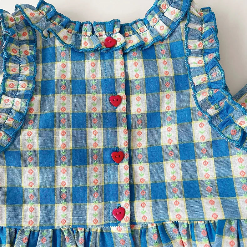 Girls 3-Piece Outfit Set – Blue Plaid Floral Sleeveless Top + Wide Leg Pants & Shorts, Summer Mix & Match Clothes