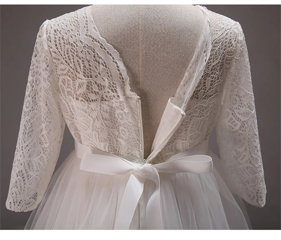 Elegant Dress For Teenage Girl Lace White Long Sleeve Wedding Princess Dresses For Children Prom First Communion Long Puffy Gown