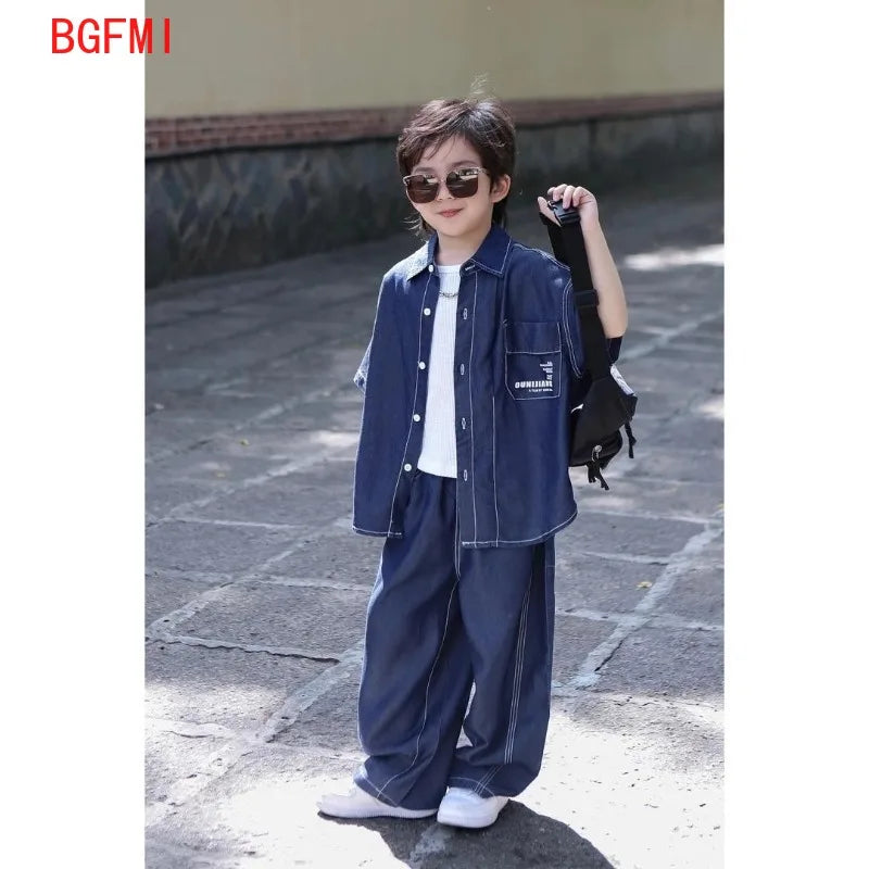 Teens Handsome Boy Short Sleeved Thin Denim Shirt and Pants 2pcs Set 2025 New Children's Summer Suit for Boys and Girls Outfits