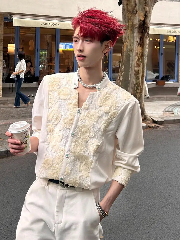 Men's Cream Stand Collar Long-Sleeve Shirt with Rose Embroidery Decorative Buttons Men's Shirts Fashion Men's Clothing