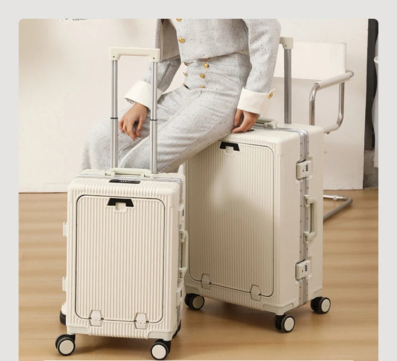 New Travel Luggage Multifunctional Aluminum Frame Trolley Suitcase with USB Cup Holder Large Capacity Bag Boarding Box Suitcase