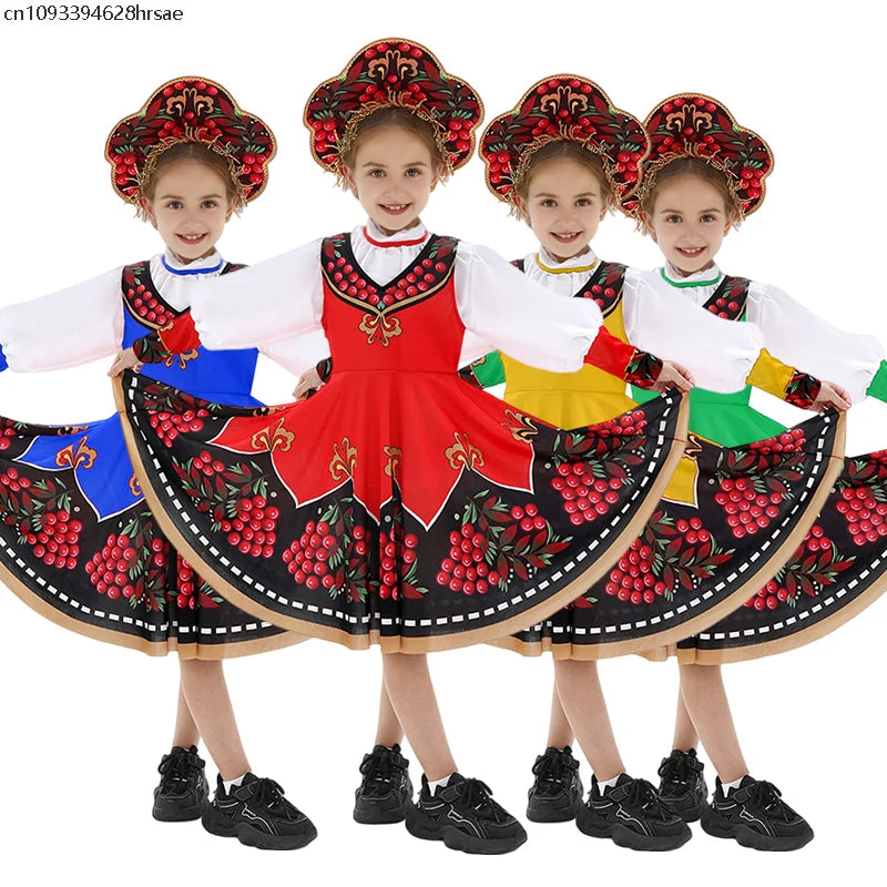 Russian Children Traditional Folk Dance Dress Girls Princess Clothing Tops dress Headwear Carnival Stage Performance Costume