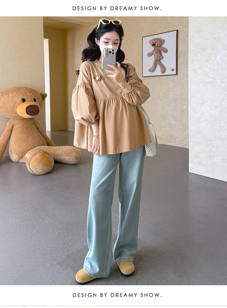 Maternity Blouse Spring Autumn Flower Round Neck Puff Long Sleeve Tops For Pregnant Women 2026 Loose Comfortable