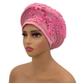 Elegant African Autogele Women's Turban Cap Nigeria Wedding Gele Ready to Wear Headtie with Embroidery Lace Party Headwear