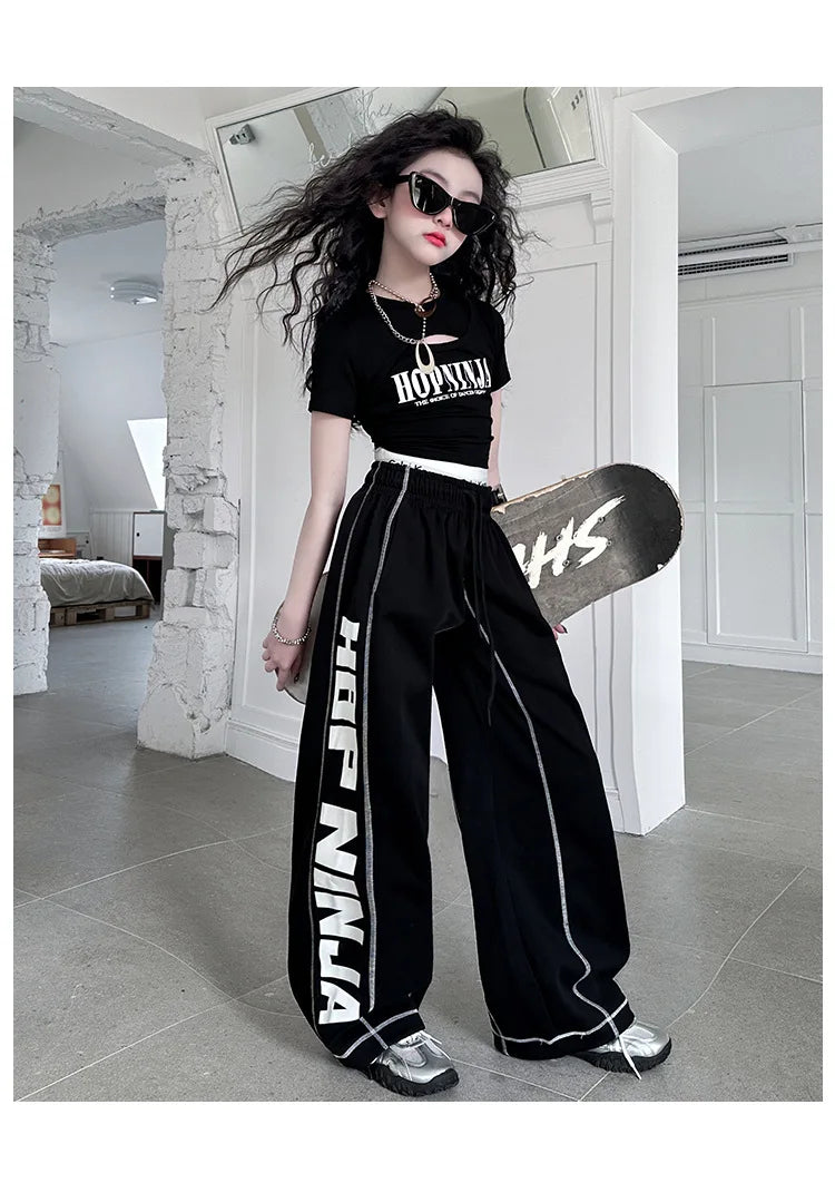 Summer teen girl Hip Hop Jazz Street Dance Costume Suit Cool Print Hollow Short T-shirt+Casual Sports Pants Set Child Outfits