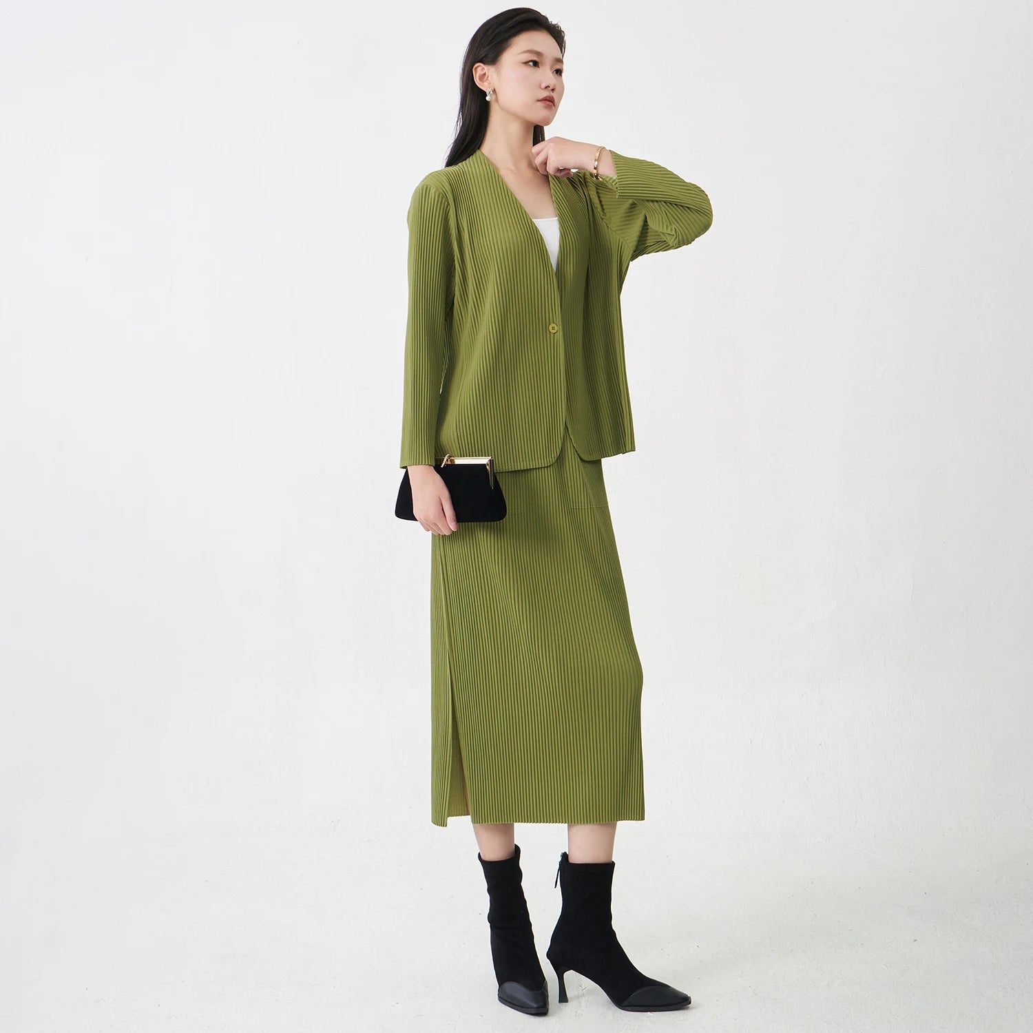 Fast Shipping Women's Fashion Set High Quality Top and Skirt Two Piece Office Set Miyake Pleated Set