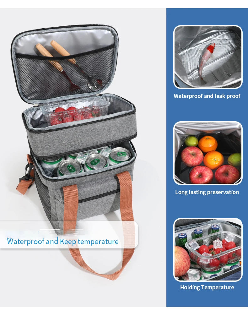 Thermal Lunch Bag Double Layers Large Capacity Lunch Boxes Bags Portable Crossbody Picnic Food Drink Storage Bag Cooler Tote New