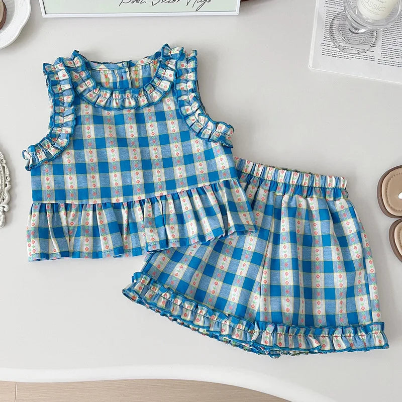 Girls 3-Piece Outfit Set – Blue Plaid Floral Sleeveless Top + Wide Leg Pants & Shorts, Summer Mix & Match Clothes