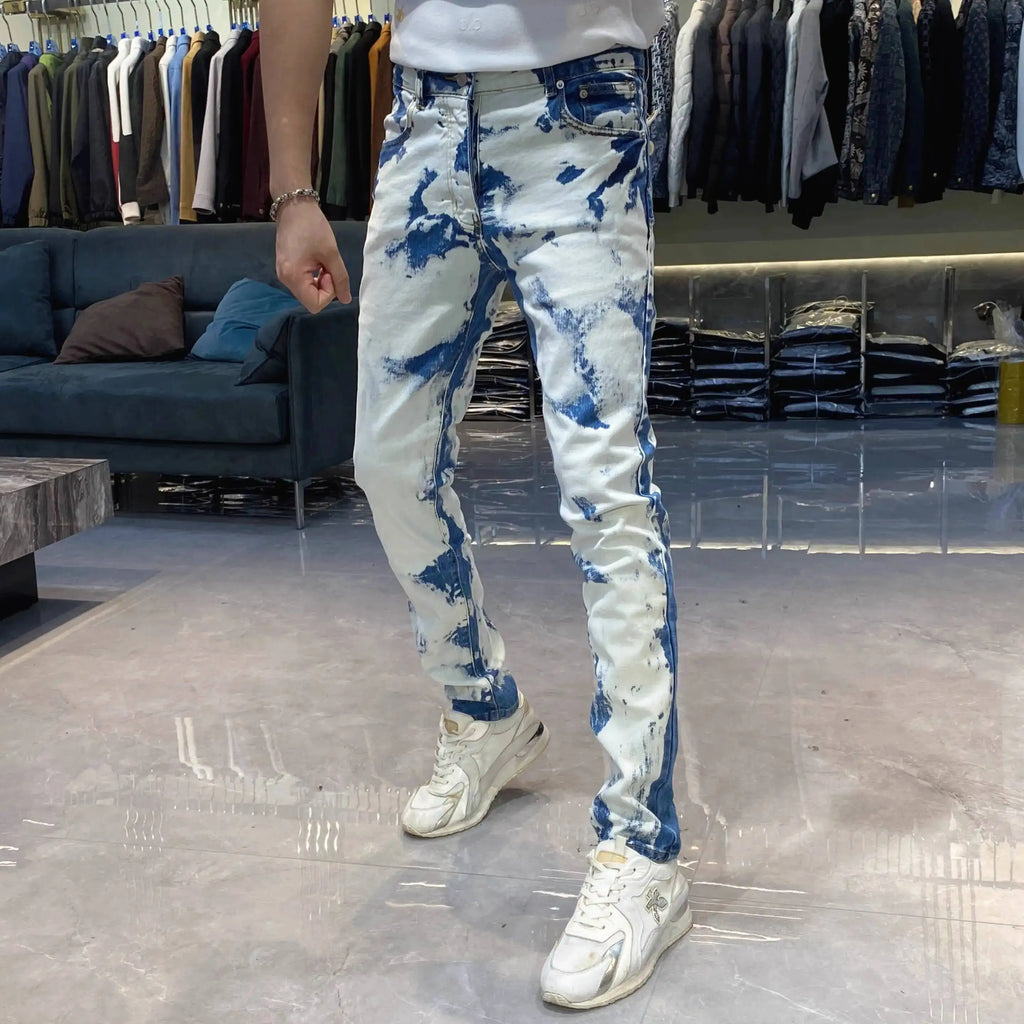 Color Contrast Jeans Male Ripped Jeans For Men Streetwear Personality Flocking Self-cultivation Pant Jeans Homme Skinny Jean Men