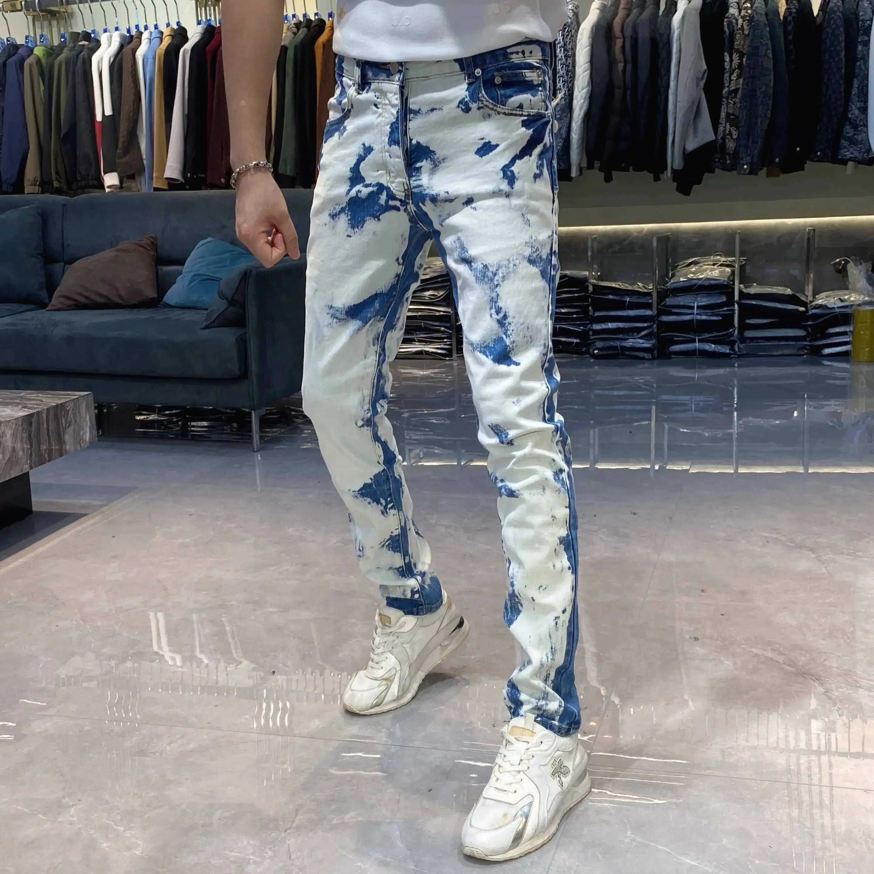 Color Contrast Jeans Male Ripped Jeans For Men Streetwear Personality Flocking Self-cultivation Pant Jeans Homme Skinny Jean Men