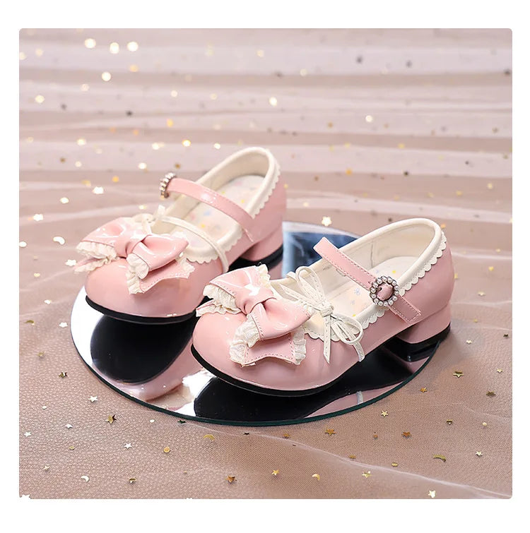 Girl Princess Shoes Spring 2026 New Bow French Heels Leather Shoe Sweet Lolita Party Dress Shoes Children's Mary Jane Size 26-36