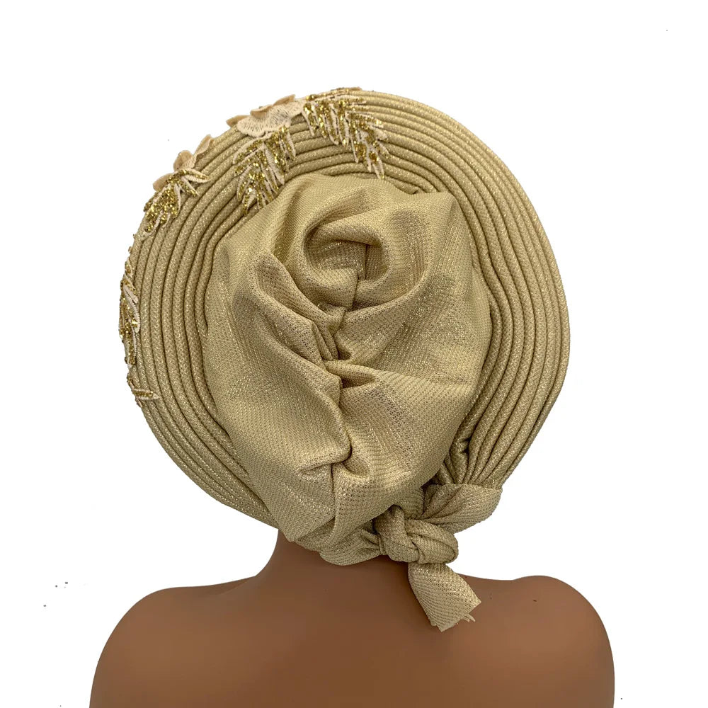 Elegant African Autogele Women's Turban Cap Nigeria Wedding Gele Ready to Wear Headtie with Embroidery Lace Party Headwear