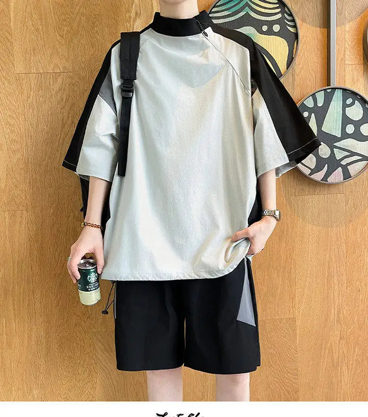 【T-Shirt + 5-Point Shorts】Men's T-Shirt Set Summer Fashion Nylon Blend Diagonal Neck Streetwear Sports Leisure Two-Piece Suit