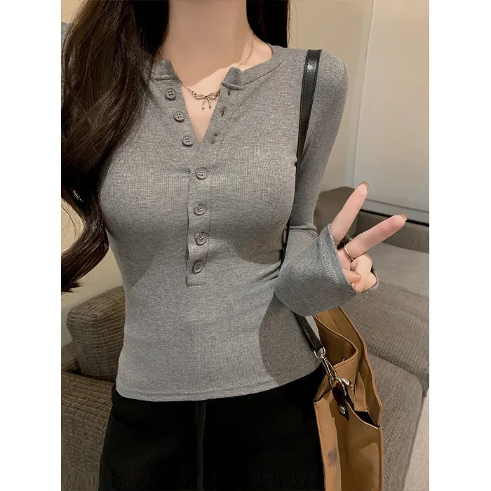 Sexy and Pure Button Up Long Sleeved T-shirt for Women, V-neck Slim Fit Bottom Top