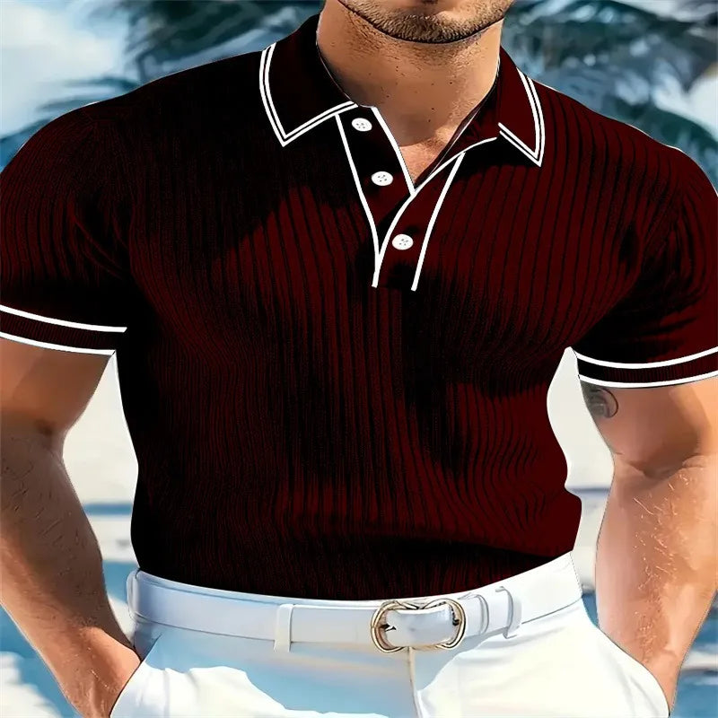 Men Ribbed Knit Polo Shirt Short Sleeve Turn Down Collar Contrast Trim Button Placket Slim Fit Casual Top