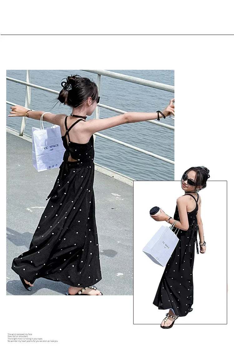 teenage girls dress design sense cross tie polka dot camisole princess dresses summer junior backless long skirt prom dresses 12