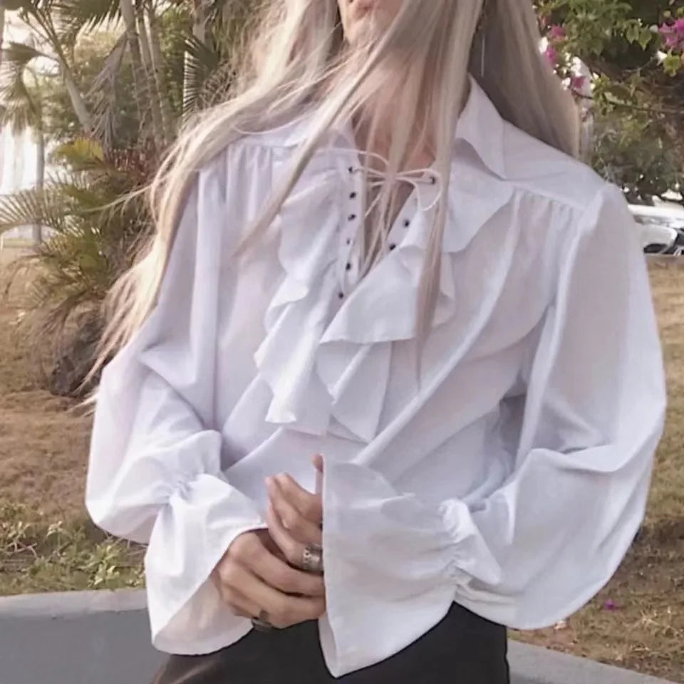2025 New Women Pirate Shirt Vampire Prince Poet Shirts Medieval Buccaneer Frills Lace Up Renaissance Vintage Gothic Blouse Tops